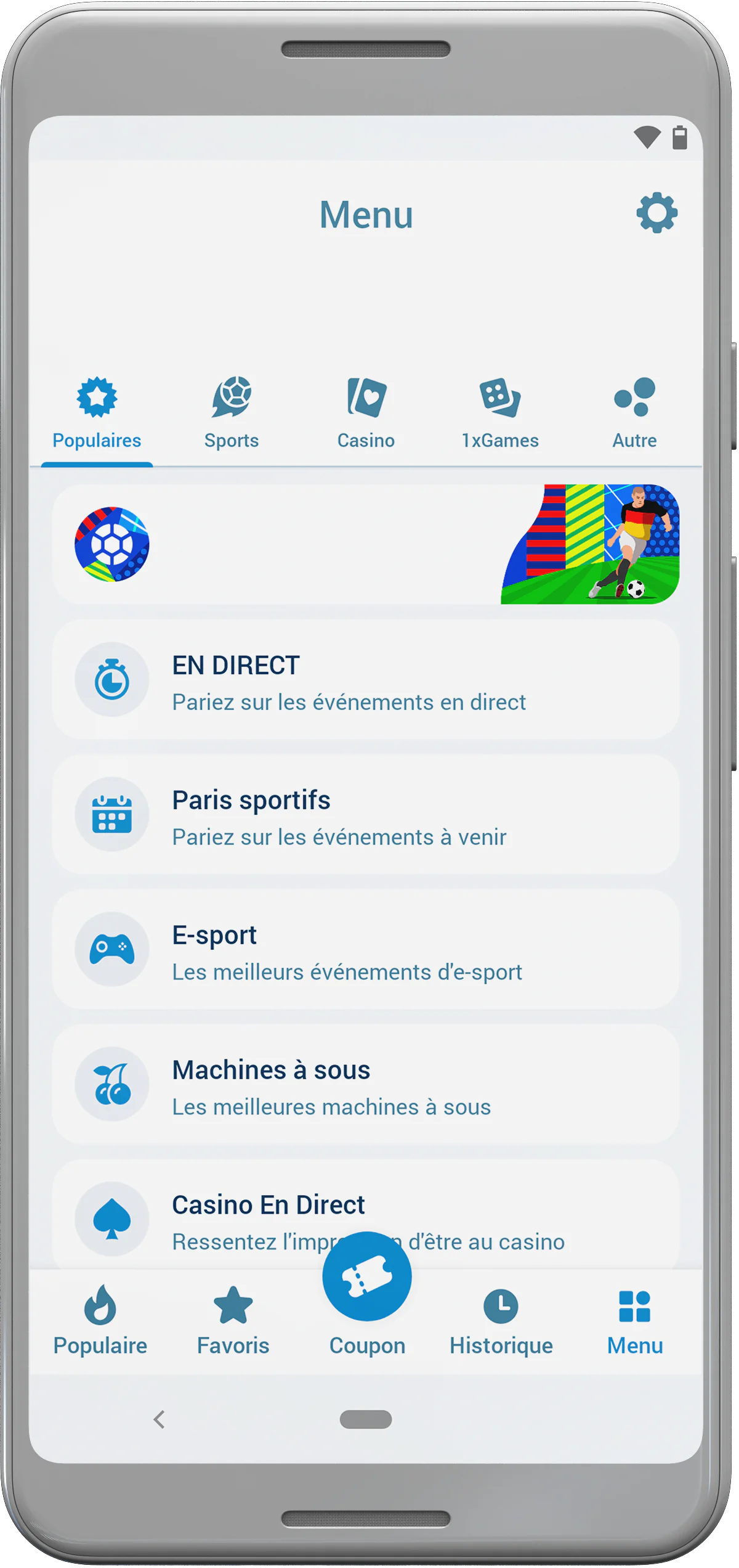 Dans le menu principal de l'application mobile 1xBet, les utilisateurs de Côte d'Ivoire trouveront les sections les plus importantes